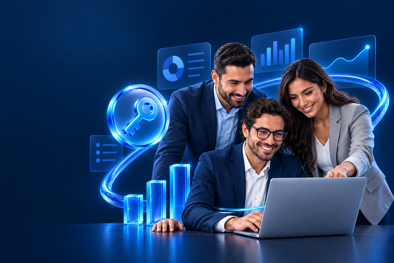 Equipo de emprendedores trabajando con tecnología de licencias